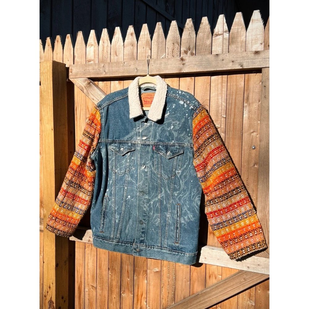 Levis Reworked Marble Painted Sherpa Collar Striped Cozy Denim Jacket